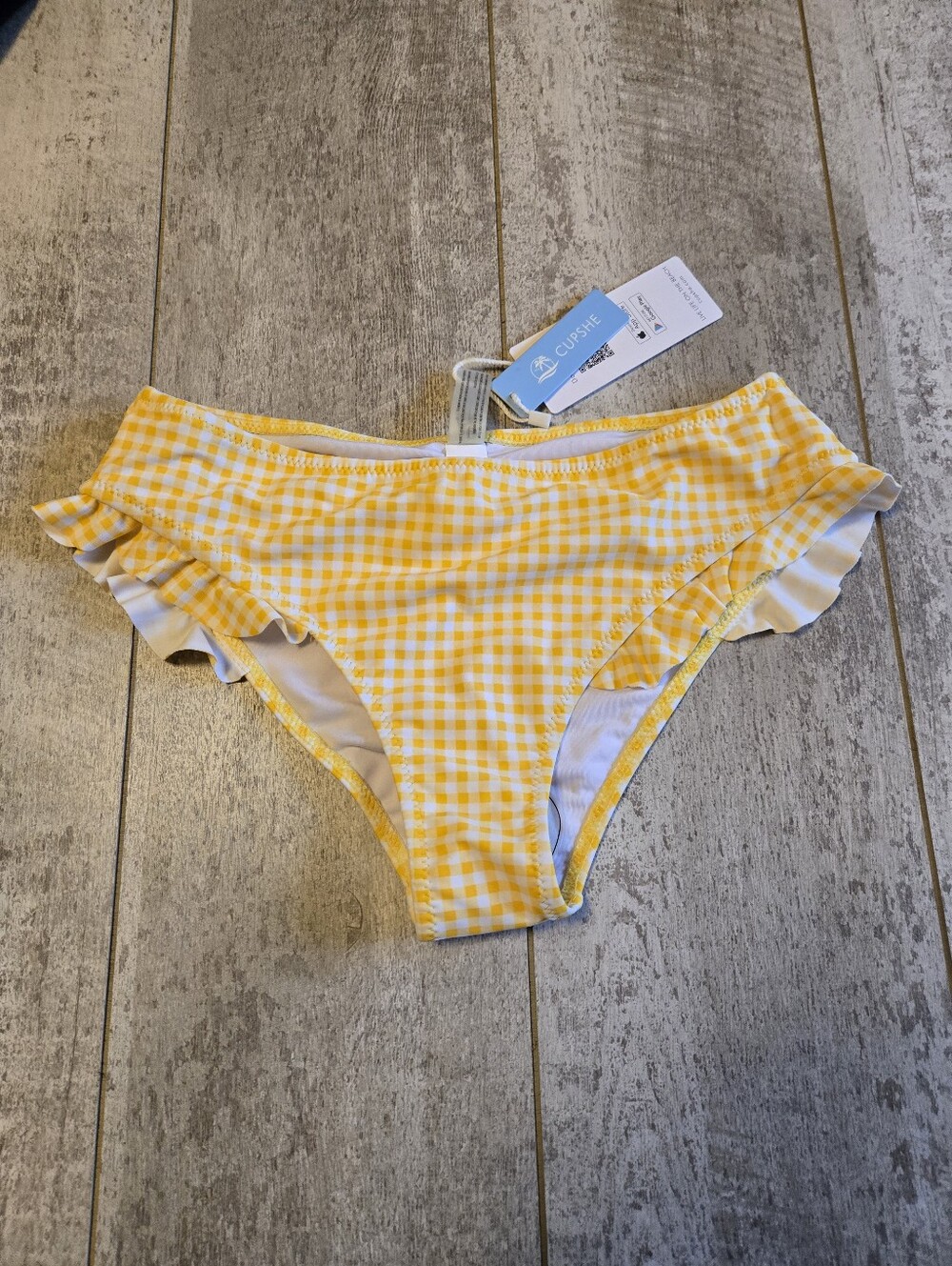 CUPSHE Yellow Gingham Ruffle Bikini Bottoms. Size Small.